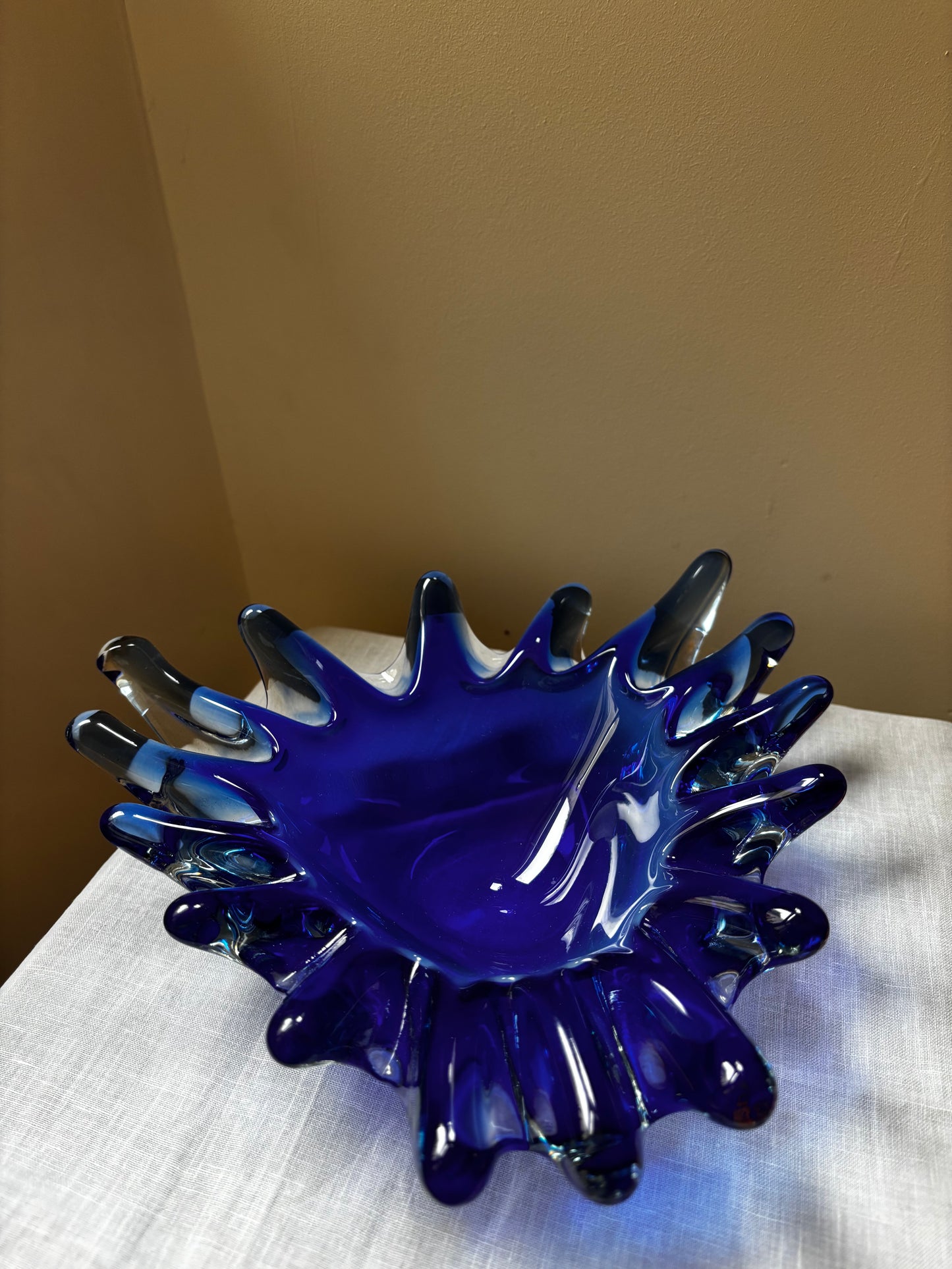 Hand-Blown Blue Murano-Style Art Glass Bowl