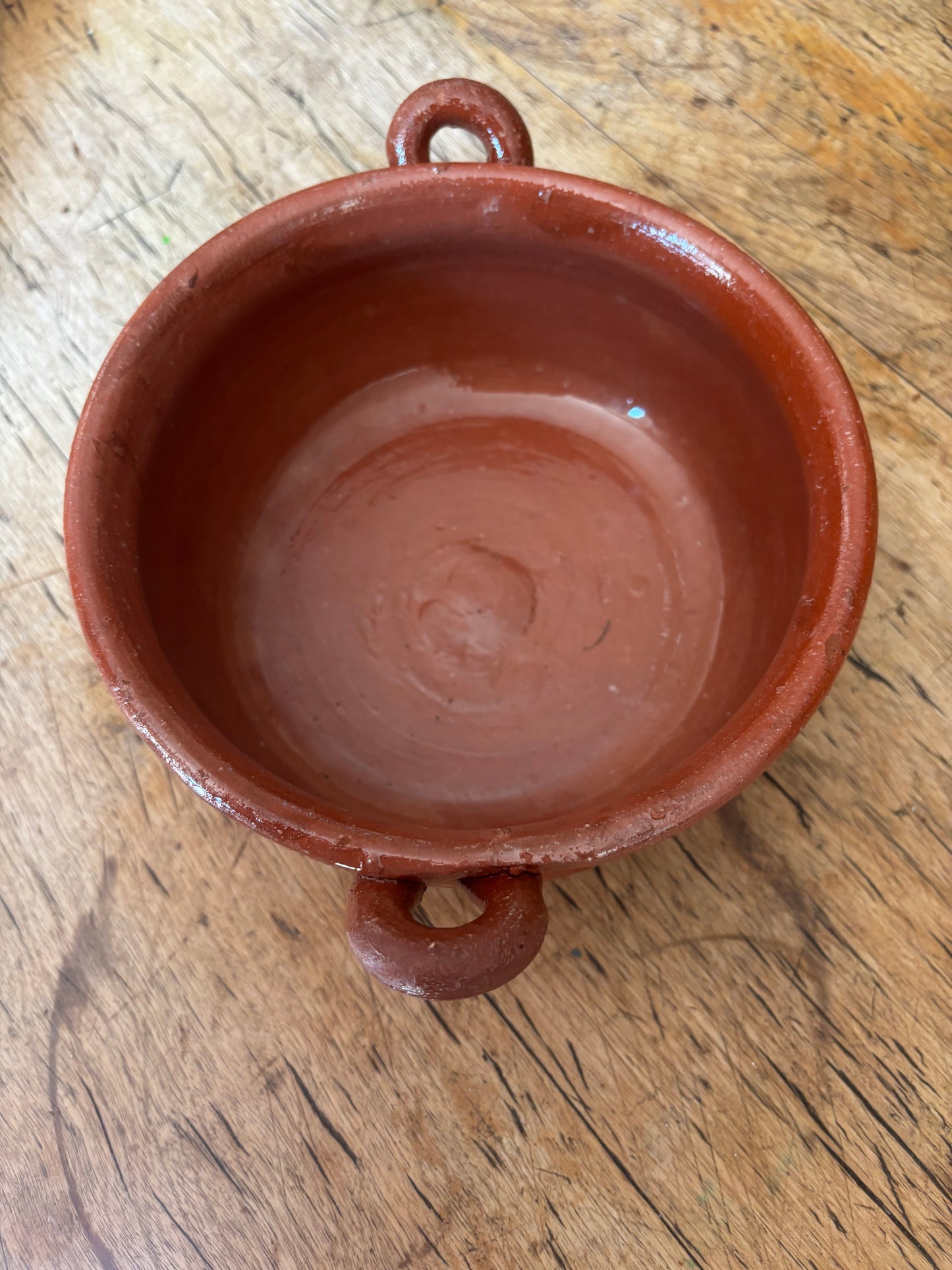 Small Half-Glazed Terracotta Two-Handled Bowl
