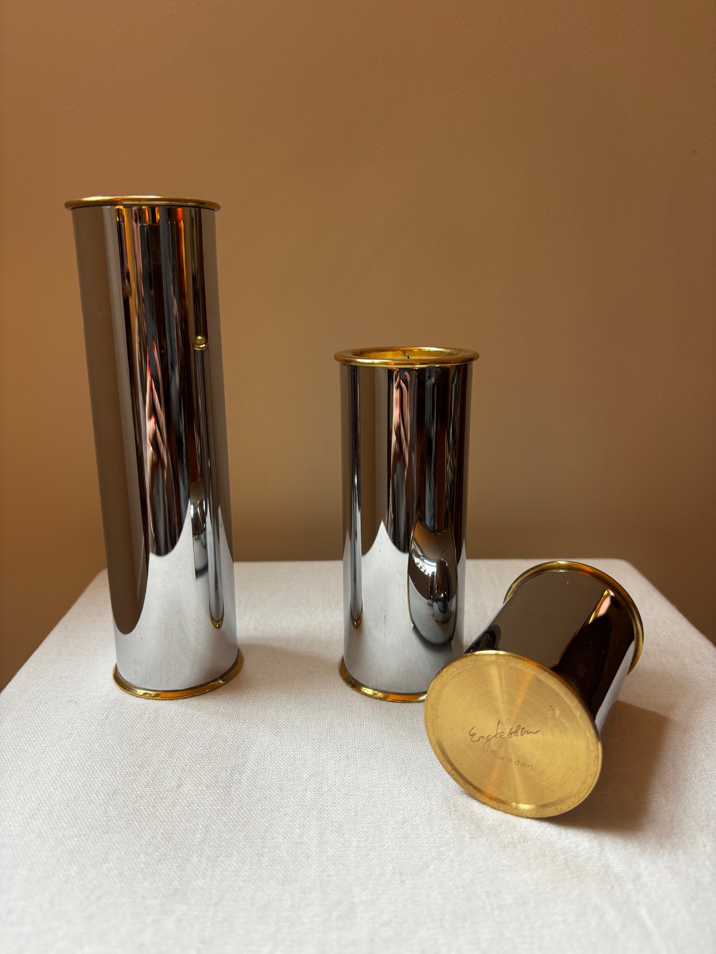 Trio of Heavy Chrome Candle Holders, signed Staffan Englesson