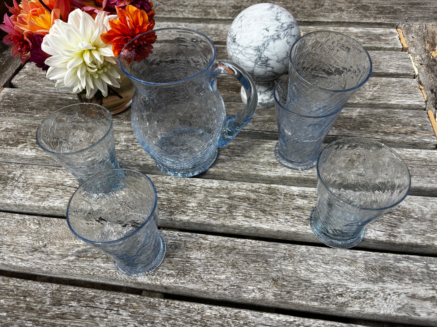 Blue Crackle Glass Jug and Tumblers