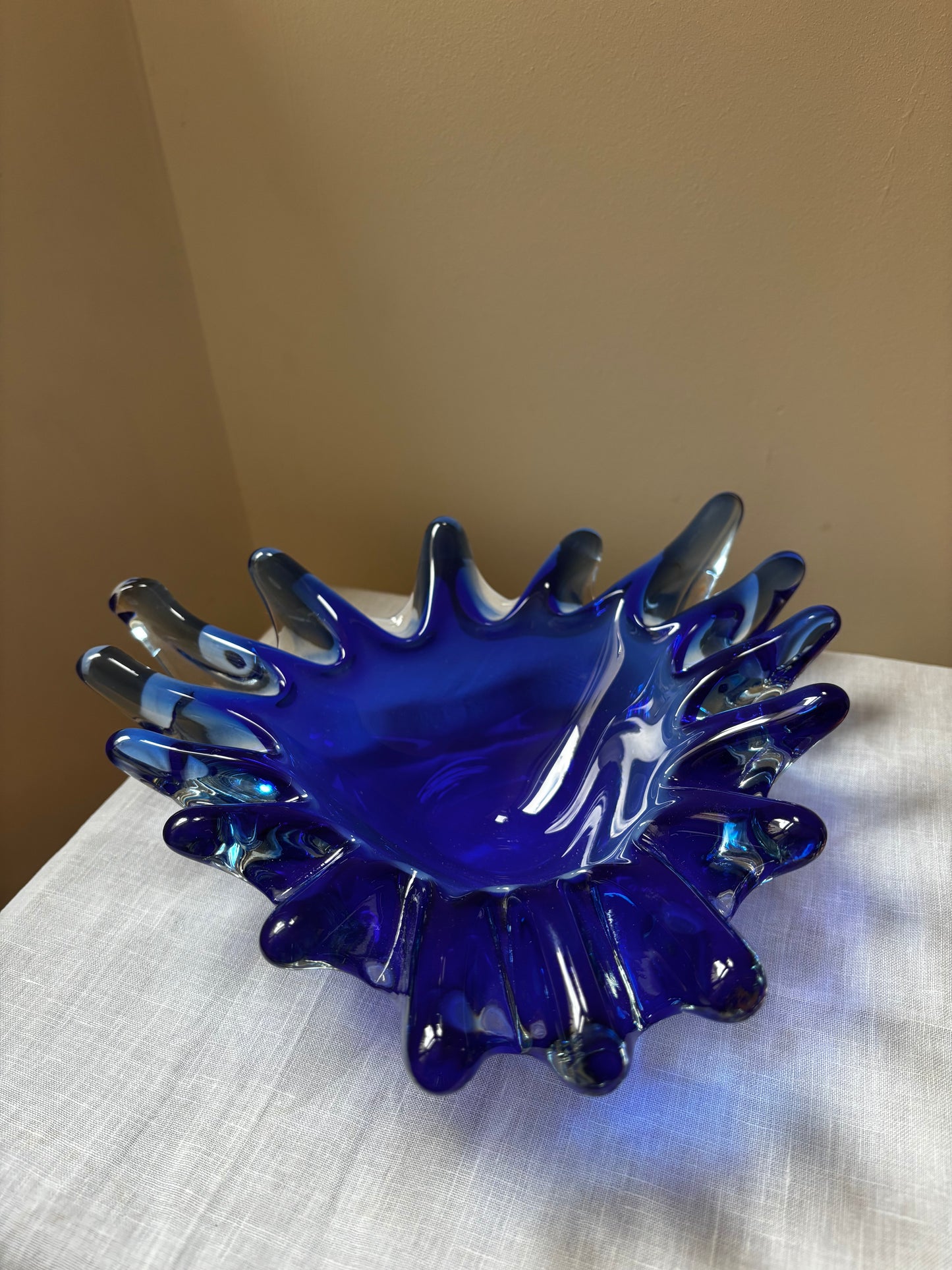 Hand-Blown Blue Murano-Style Art Glass Bowl