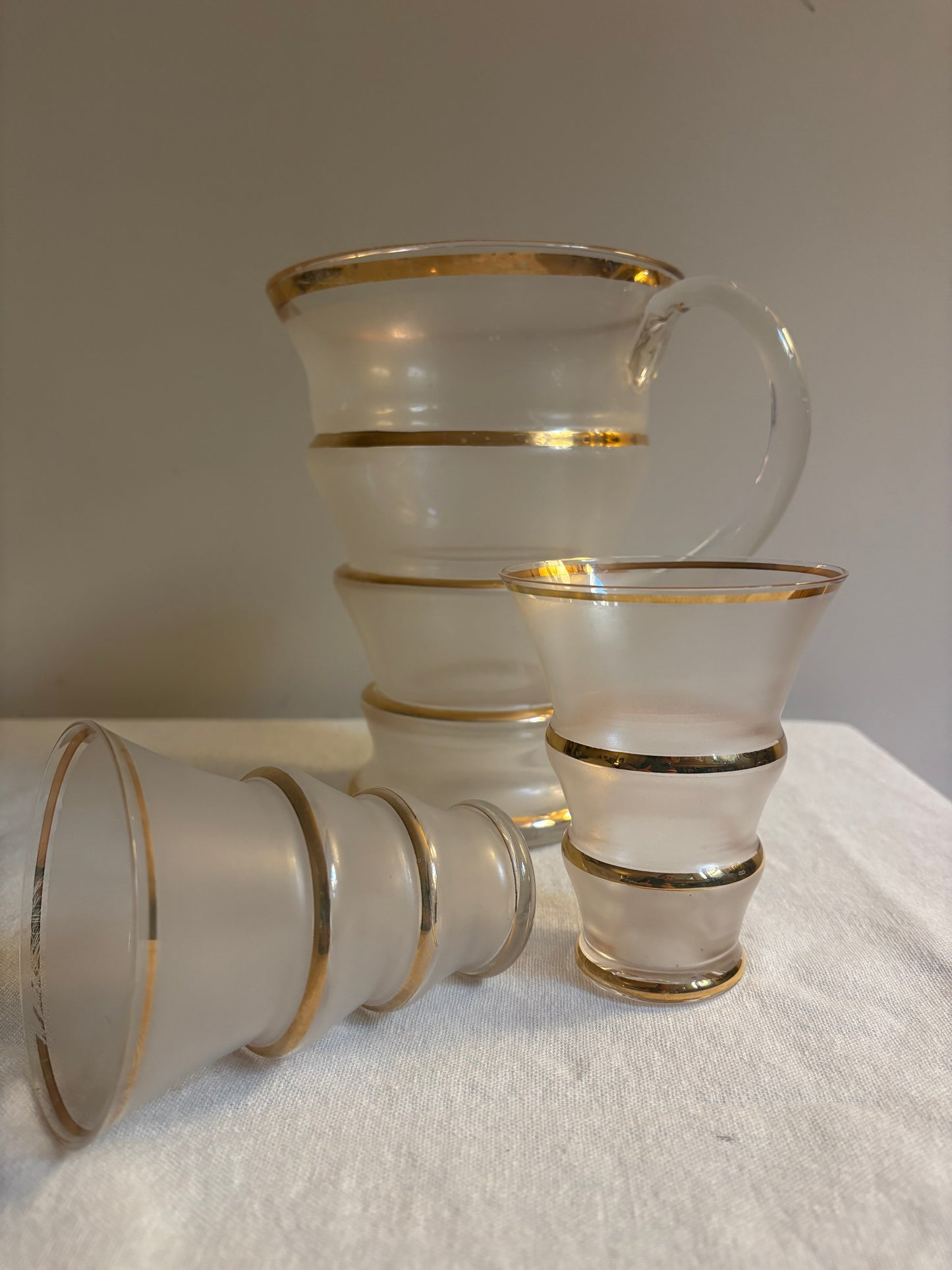 Frosted Jug and Glass Set with Hand-painted Gold Bands