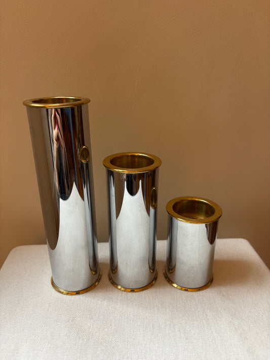 Trio of Heavy Chrome Candle Holders, signed Staffan Englesson