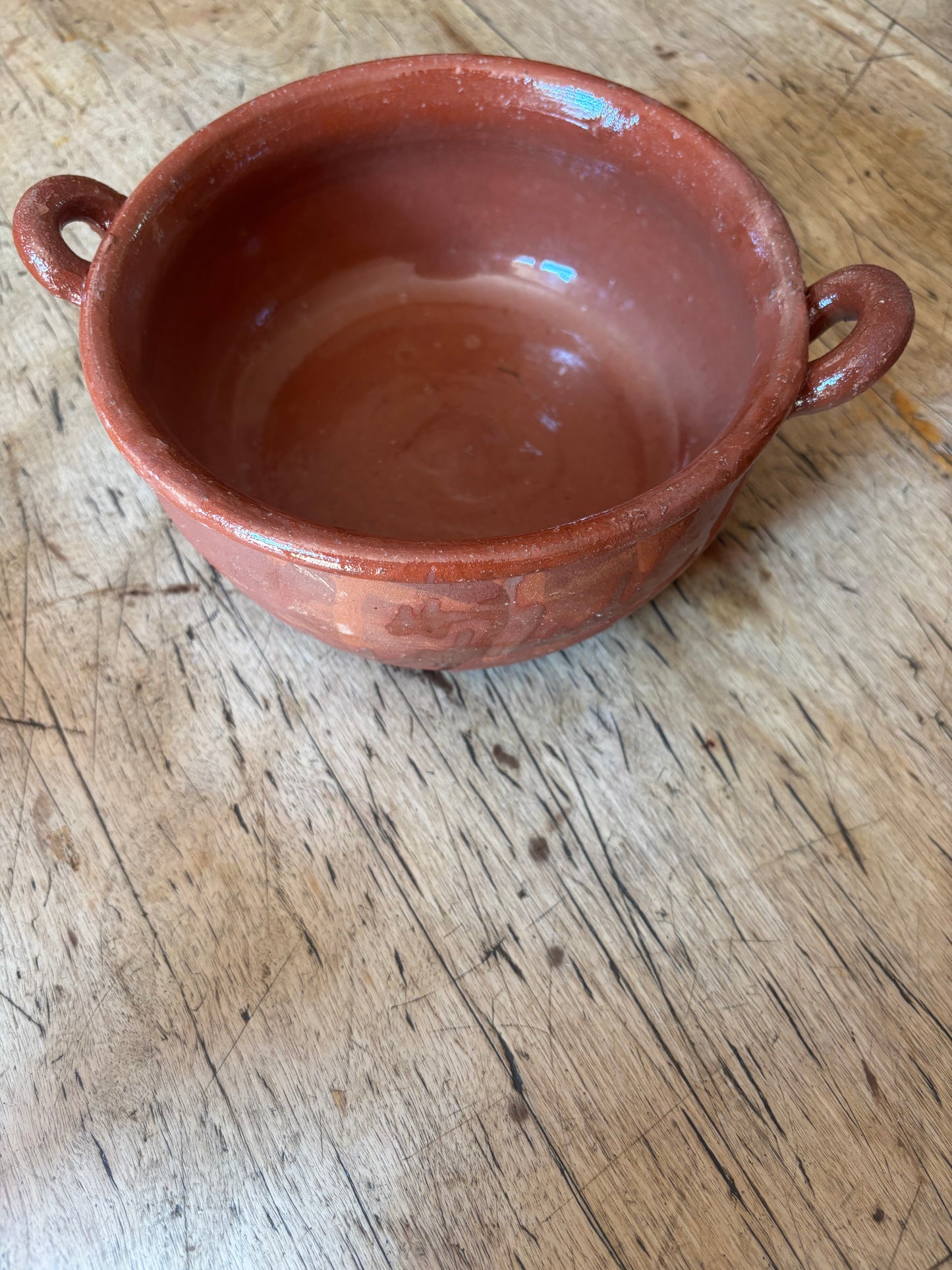 Small Half-Glazed Terracotta Two-Handled Bowl