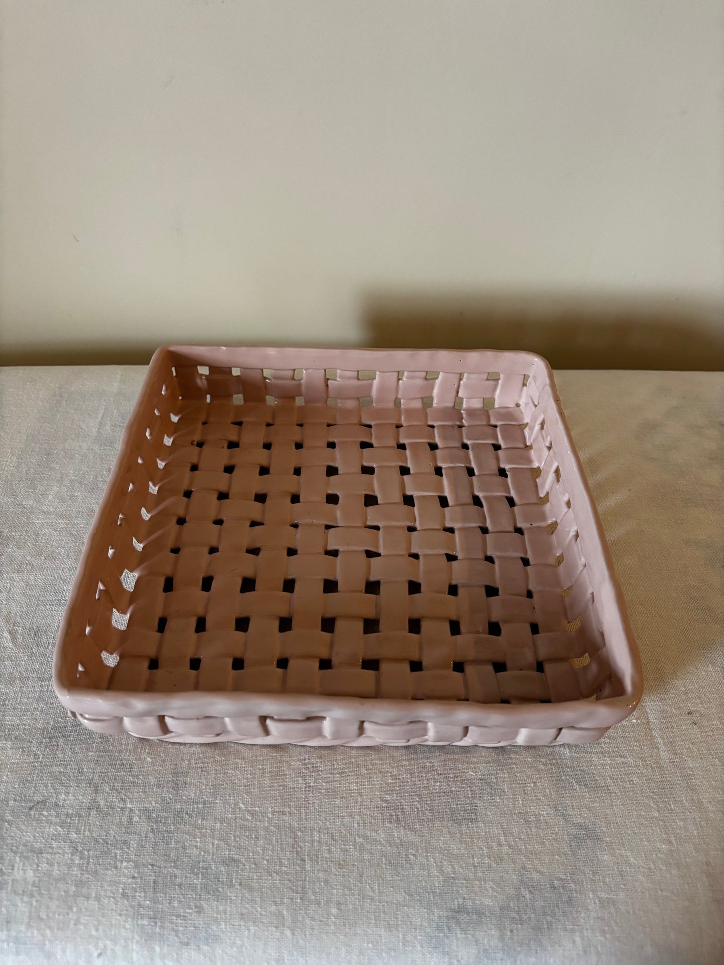 Glazed Ceramic Basketweave Tray in Pink