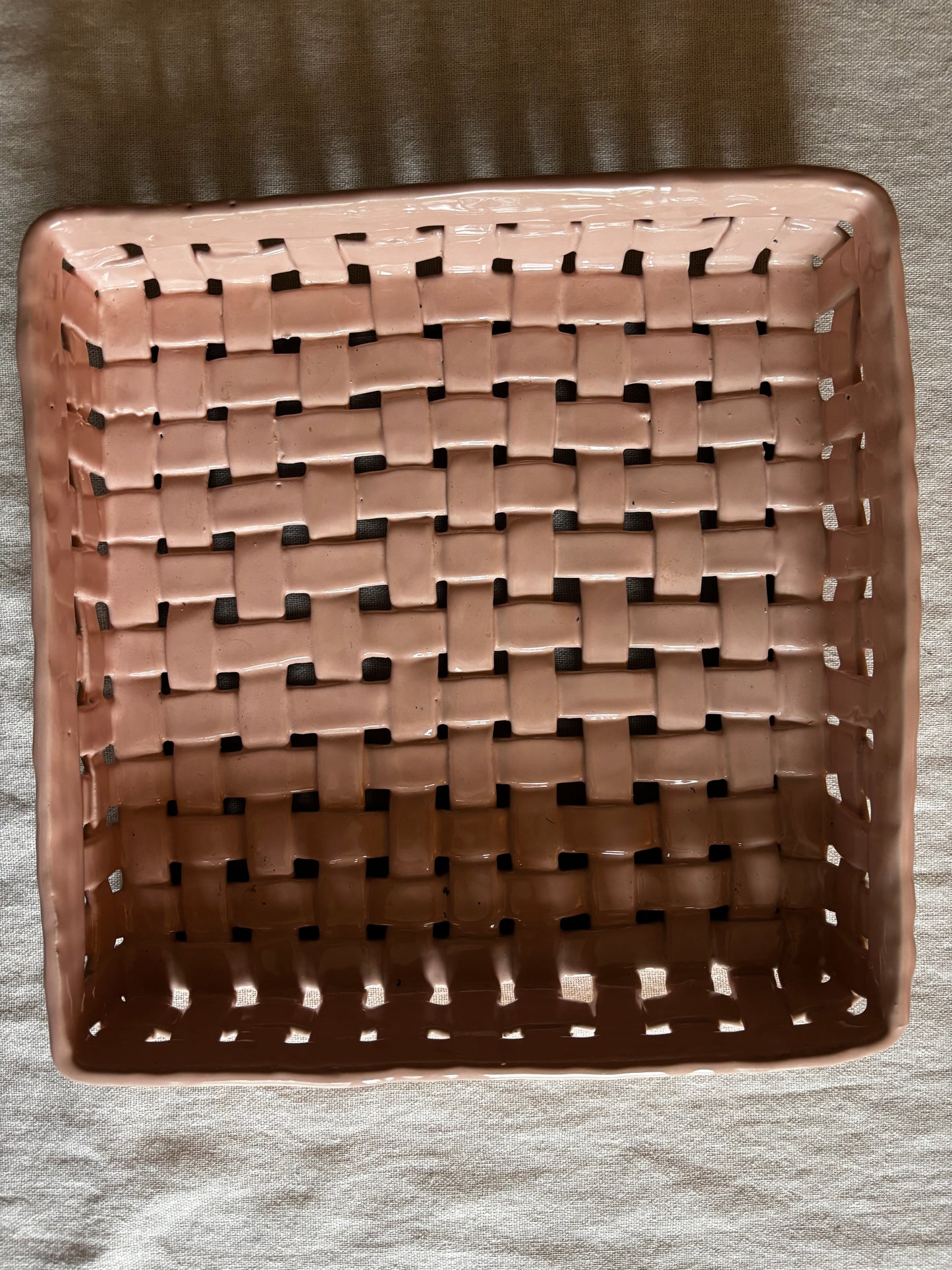 Glazed Ceramic Basketweave Tray in Pink