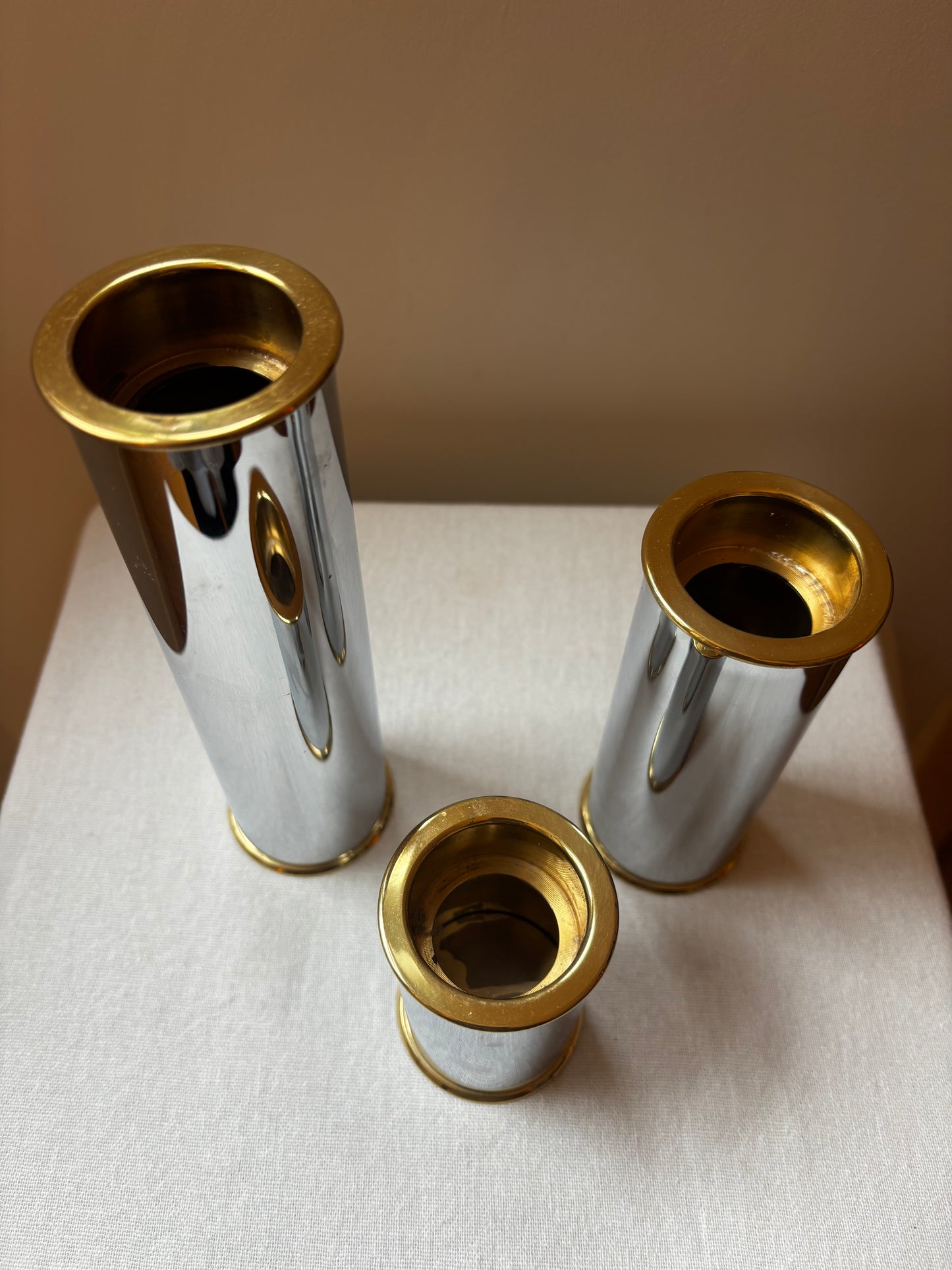 Trio of Heavy Chrome Candle Holders, signed Staffan Englesson