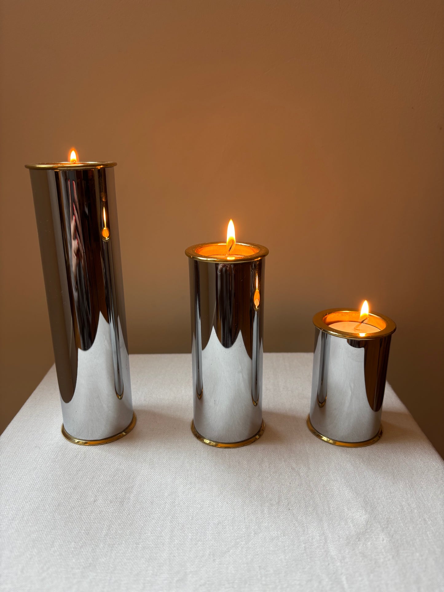 Trio of Heavy Chrome Candle Holders, signed Staffan Englesson