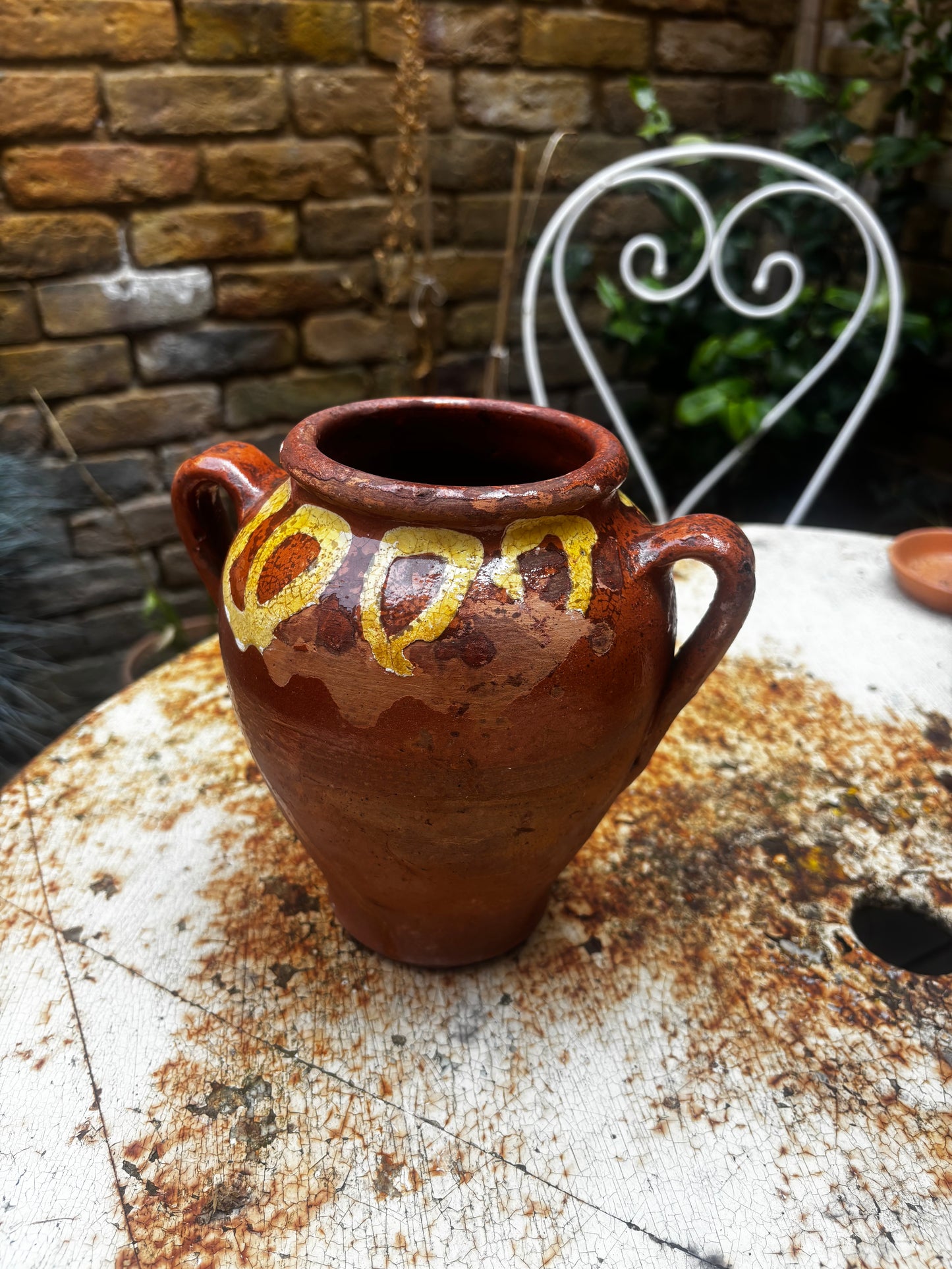 Vintage Small Clay Amphora with Cute Hand-Painted Swirl
