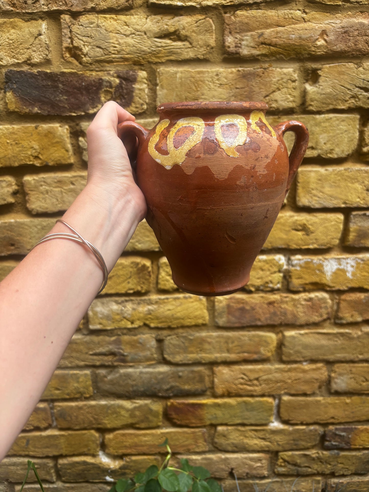 Vintage Small Clay Amphora with Cute Hand-Painted Swirl