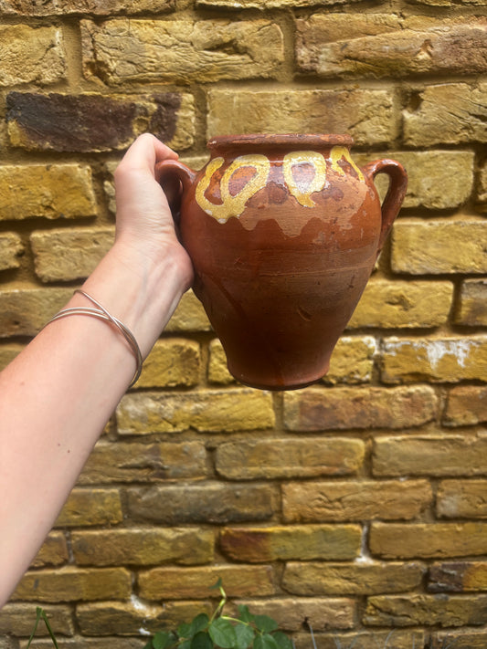 Vintage Small Clay Amphora with Cute Hand-Painted Swirl