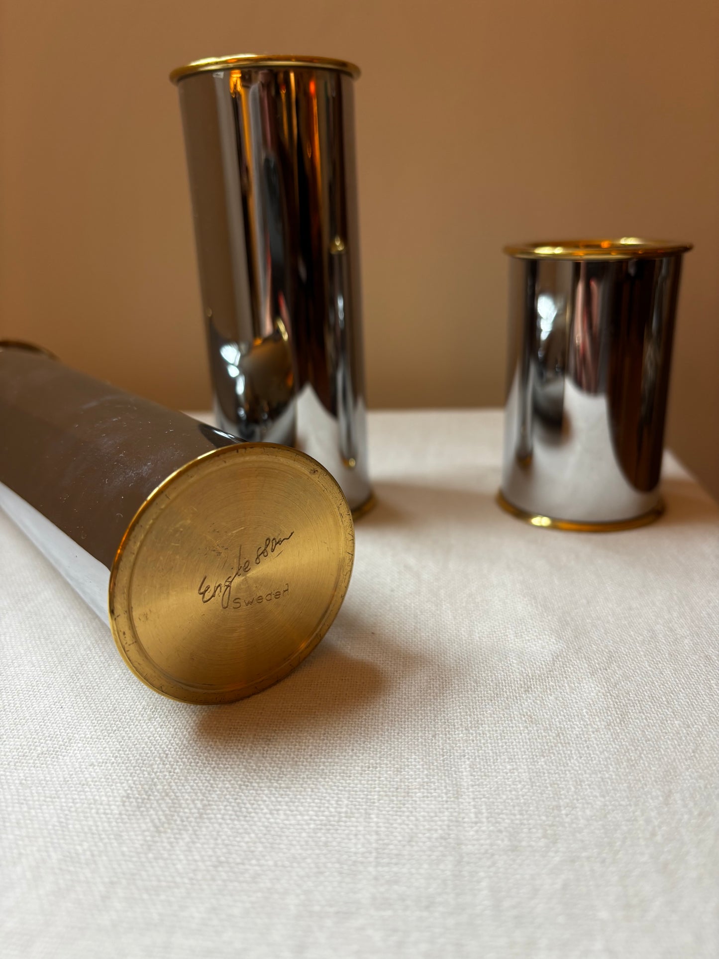 Trio of Heavy Chrome Candle Holders, signed Staffan Englesson