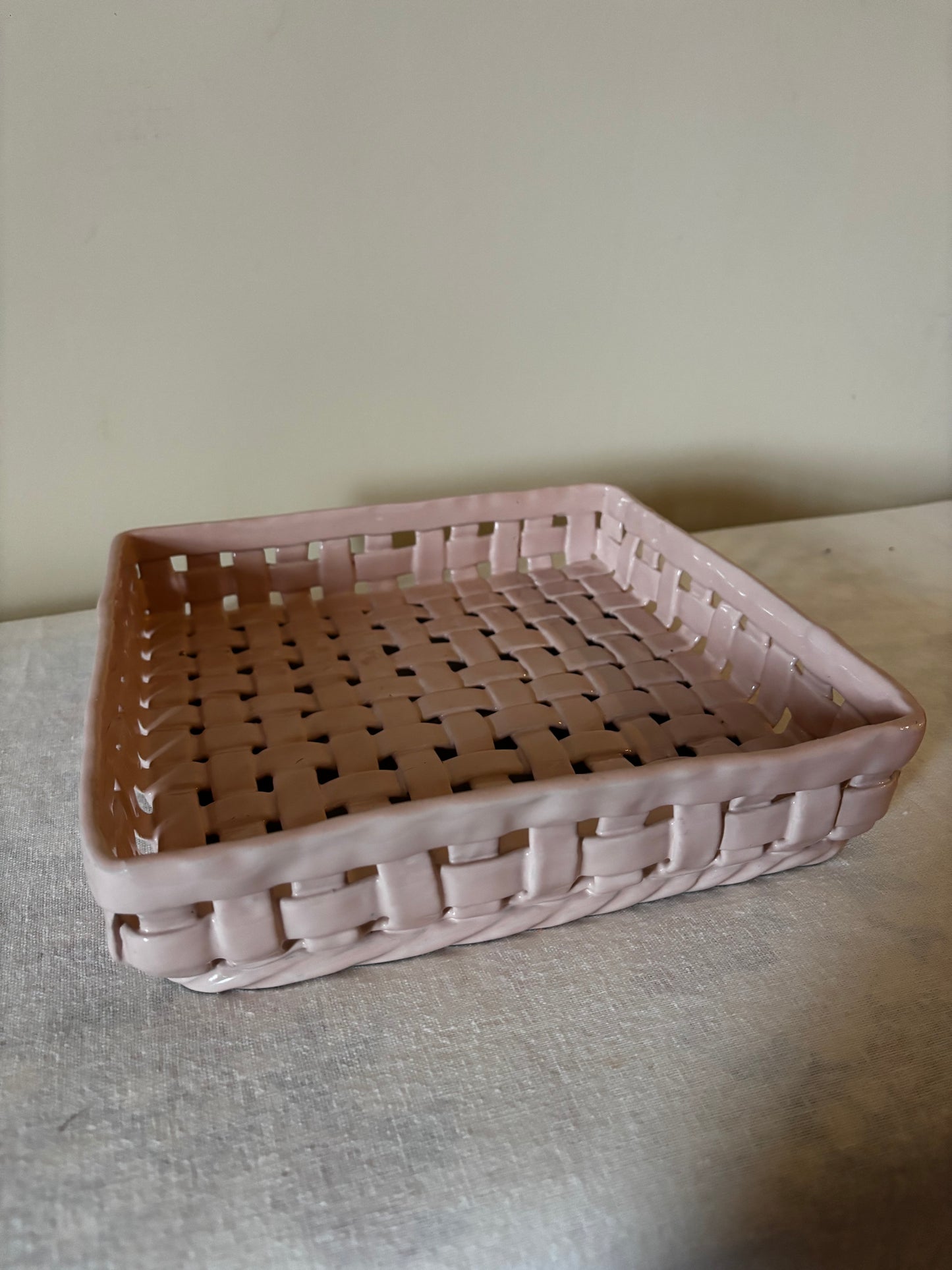 Glazed Ceramic Basketweave Tray in Pink